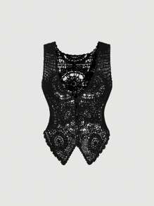 SHEIN MOD 女士休闲纯色镂空针织无袖薄款开衫 - 黑色 - 查看 1