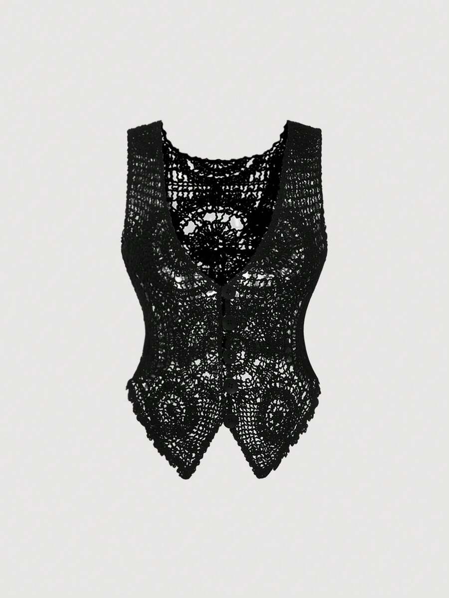 SHEIN MOD 女士休闲纯色镂空针织无袖薄款开衫 - 黑色 - 查看 1