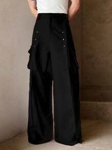 Claim Dot Men's Oversized Large Pockets Button Waistband Cargo Trousers, Boyfriend Gift, Men's Gift, Suitable For Friends, Fall - Black - View 1