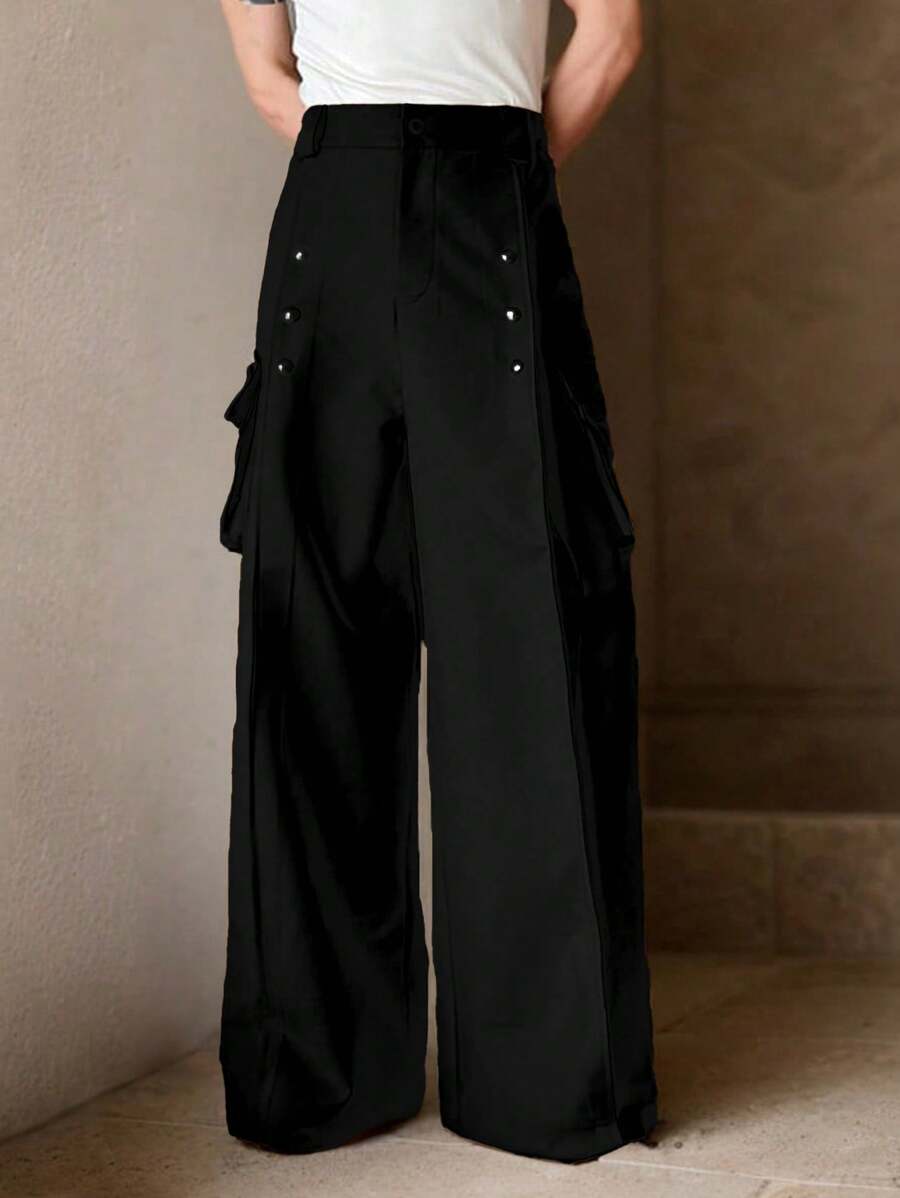 Claim Dot Men's Oversized Large Pockets Button Waistband Cargo Trousers, Boyfriend Gift, Men's Gift, Suitable For Friends, Fall - Black - View 1