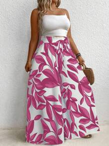 Plus Size Women's Vacation Plant Print Drawstring Waist Wide Leg Pants Fall Cloth For Women - Pink - View 6
