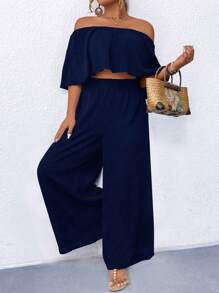 SHEIN LUNE Plus Size 2pcs Set Vacation Casual Solid Color Shoulder Top And Trousers - Navy Blue - View 6