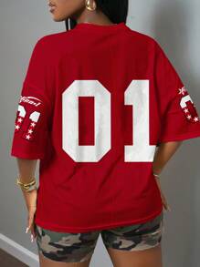 Slaydiva Áo bóng chày phong cách thể thao thường ngày, màu đỏ có in số 01, cổ chữ V, phù hợp với người ngoại cỡ, mùa hè - Nhiều màu - Xem 2