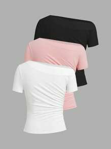 Ellevyn 不对称领口褶饰短袖针织纯色 T 恤，粉色、黑色、白色，优雅女士春夏装 - 彩色 - 查看 9