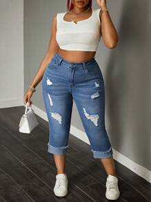 SHEIN Stretch Jeans in 7/8 Länge mit ausgefranstem Saum für große Größen