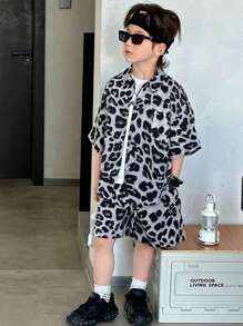 SHEIN 2 Pieces Young Boy Casual Sports Leopard Print Shirt And Shorts Set,Summer Kids Outfits For School,Daily Leisure,Vacation,Travel,Birthday Party - Multicolor - View 9