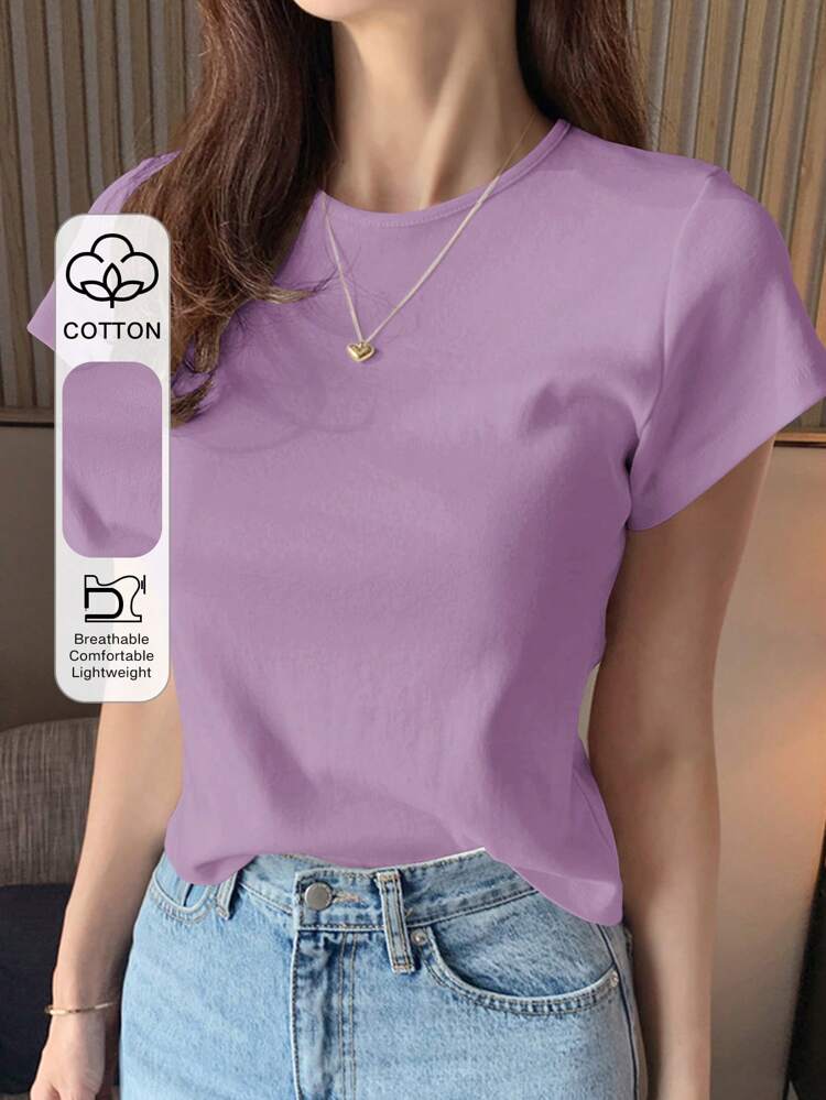 Women's Round Neck Solid Color Basic White Short Sleeve T-Shirt, Spring And Summer,Business Casual Women