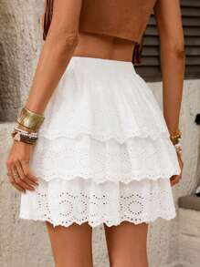 SHEIN LUNE Women's White Boho Mini Skirt: Woven Fabric, Tiered Layers, And Semi-Sheer Design For A Chic Summer Look - White - View 2