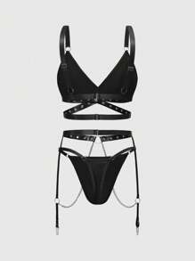 ROMWE Grunge Punk 3 件套哥特朋克无袖 PU 时尚三角文胸、丁字裤和吊袜带性感内衣套装 - 黑色 - 查看 2