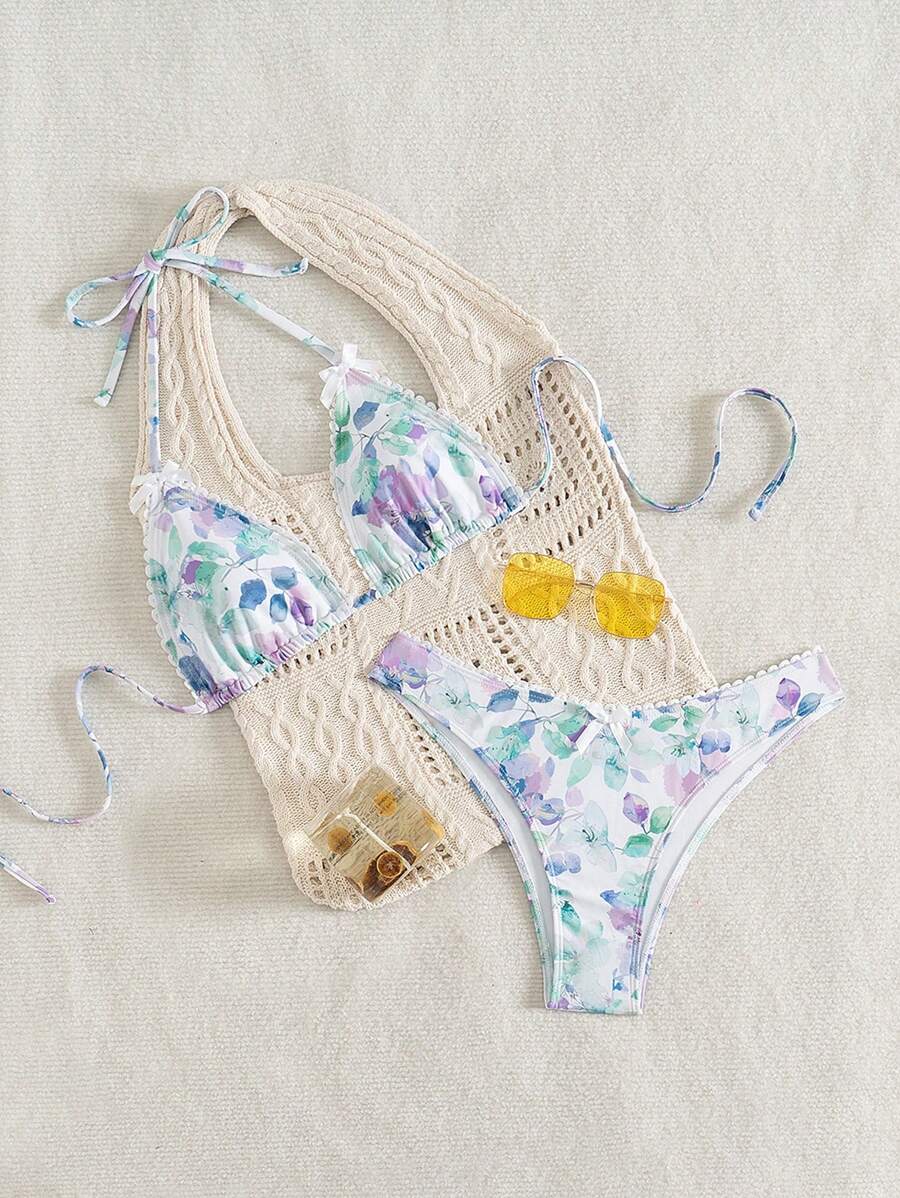 SHEIN Swim New Random Print Women's Lingerie & Beachwear Summer Swimsuit Set - Multicolor - View 1