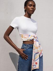 Aveloria Modichic Camiseta ajustada para mujer con cuello redondo, estampado abstracto, parches y lazos, de estilo minimalista elegante ideal para el trabajo y el tiempo libre. Diseño de moda europea y americana de primavera/verano - Multicolor - Ver 5