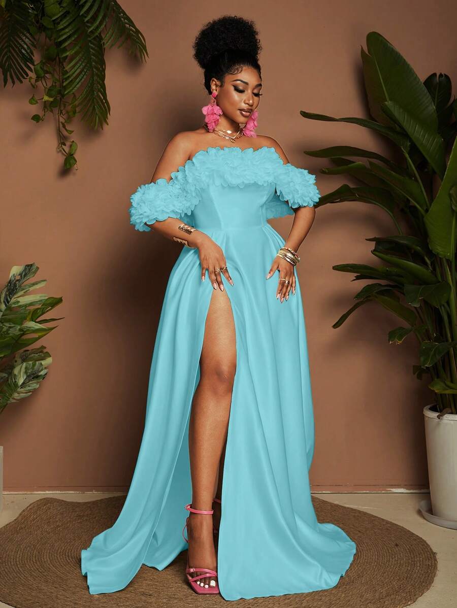 Maweii Vestido con escote sin tirantes, volantes y tela de gasa, talla grande - Azul - Ver 1