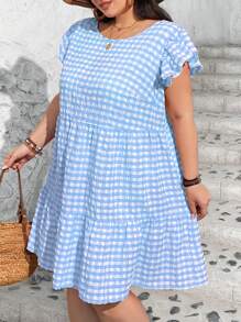 SHEIN CURVE+ Plus Size Women's Casual Cute Checkered Print Round Neck Cap Sleeve Lotus Leaf Sleeve Dress For Spring And Summer