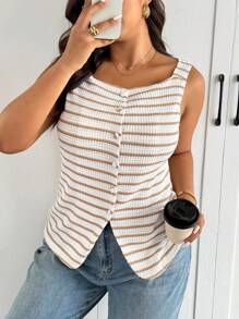 SHEIN Frenchy 大码女士时尚休闲条纹衬衫，通勤风格春夏新品 - 黃色 - 查看 5