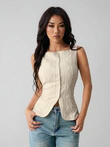 SHEIN PETITE 女式无袖几何纹理单排扣休闲衬衫，几何纹理和微弹力面料，女式修身背心，优雅时尚，适合通勤，简约时尚休闲日常吊带背心，春夏，无袖上衣，老式衬衫，女士西装 - 杏色 - 查看 6