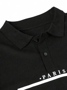 RueChic Men Casual Button Collar Letter Printed Regular Short Sleeve Polo Shirt - Dark Grey - View 5