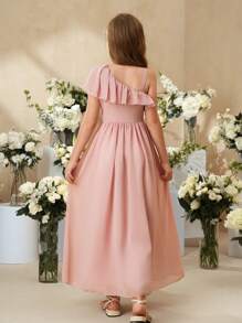 SHEIN 少女纯色荷叶边单肩优雅连衣裙 - 粉色 - 查看 2