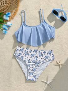 Conjunto de bikini con volantes y estampado floral diminuto para adolescentes