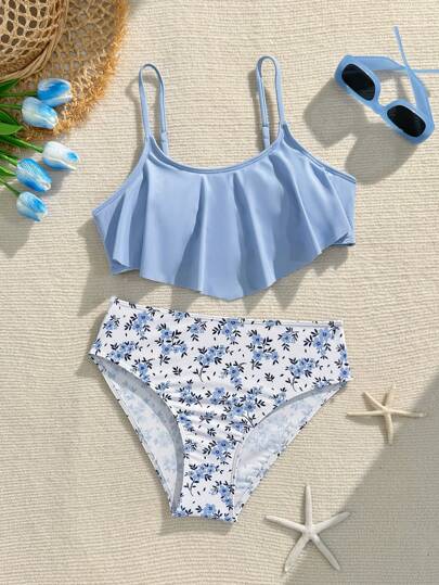 SHEIN Teen Girl Ditsy Floral Ruffle Trim Bikini Set Young Girls Sets Summer Sets For Girls Teen Girls Sets Summer Sets For Girls Bathing Suits For Teens Sets Summer Sets For Teen Girls