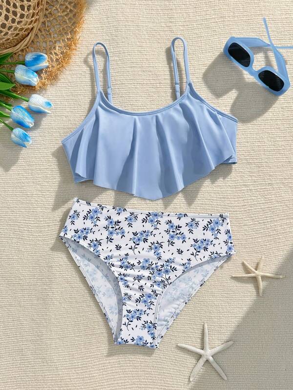 Conjunto de bikini con volantes y estampado floral diminuto para adolescentes