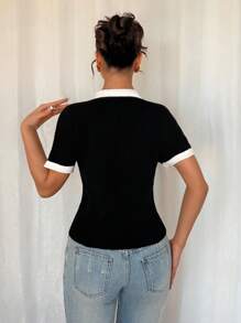 SHEIN Unity 女士百搭韩版蝴蝶结可爱淑女百搭短袖毛衣针织套头衫秋冬 - 黑與白 - 查看 2
