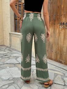 Breezaya 女式直筒阔腿绣花腰带裤 - 綠色 - 查看 2