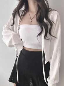 DAZY Áo thun nữ tay dài buộc nơ phía trước màu trơn đơn giản - trắng - Xem 5