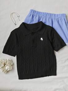 Comfortcana Áo thun dệt kim ngắn tay họa tiết ngựa thường ngày cho nữ - màu đen - Xem 3