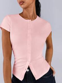 Athîral Camiseta casual de mujer de unicolor con botones delanteros y mangas cortas