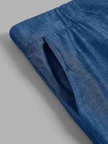 SHEIN Tall Plus Size Casual, Summer Holiday Faux Denim Effect Wide-Leg Pants For Tall - Blue - View 7