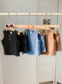 SHEIN Set de 6 piezas de conjunto de camiseta de punto y pantalones cortos casuales y lindos para niño pequeño en verano, paquete básico multipropósito