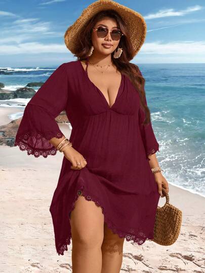 Swim Lushoire V-Neck Lace Patchwork Flared Sleeve Plus Size Coverup Dress For Summer Beach Vacation