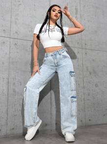 SHEIN EZwear Pantalones vaqueros rectos de color liso y bolsillos múltiples de uso casual
