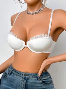 Front Closure Balconette 1/2 Cup Underwired Push-Up Floral Lace Racerback Crisscross Sheer Women Lingerie Bra, White - White - View 5