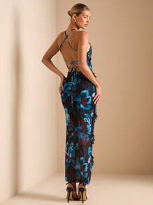 SHEIN BAE Women's Floral Print Ruffle Hem Maxi Dress, Elegant Stylish Outfit For Party, Date, Vacation, Back To School, Summer - Blue - View 2
