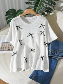 CosyJoli Plus Size Women's Black Bow Decor White Waffle Fabric Comfortable & Fashionable Round Neck T-Shirt - White - View 1