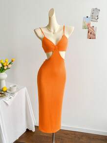 Soleia Women Summer Solid Color Hollow Out Waist Long Cami Dress - Orange - View 1