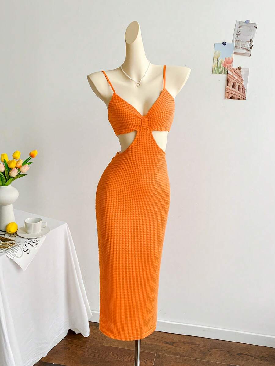 Soleia Women Summer Solid Color Hollow Out Waist Long Cami Dress - Orange - View 1