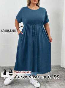 SHEIN CURVE+ 大码女式夏季时尚休闲黑色系带下摆（有口袋）长款宽松短袖连衣裙 - 霧霾藍 - 查看 8