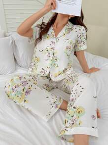 CottageSlumber Printed Collar Short Sleeve Pajama Set With Pants - Multicolor - View 2