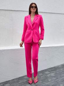 Lapel Neck Blazer & Slant Pocket Self Buckle Belted Suit Pants - Pink - View 4