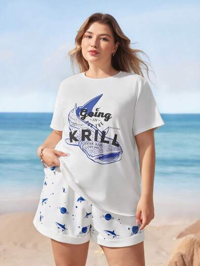 Shark Week X SHEIN 2件套大码夏季休闲字母和鱼印花短袖T恤和短裤
