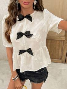 SHEIN Frenchy 女士节日休闲撞色蝴蝶结装饰衬衫
