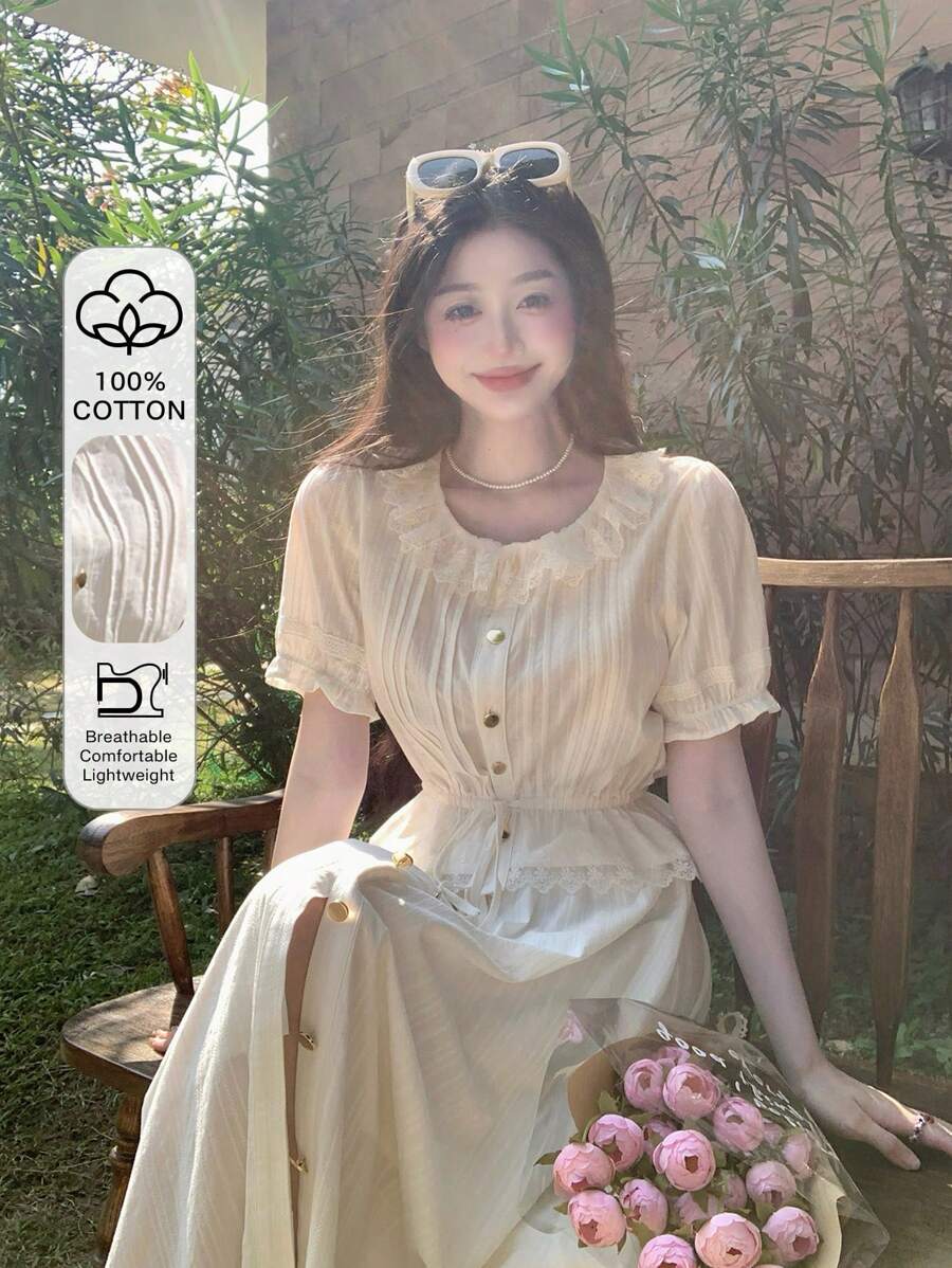 DAZY 2pcs/Set Women Lace Splicing Balloon Sleeve Two-Piece Outfits Summer - White - View 1