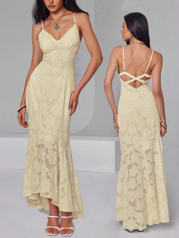 Roylia Women's Sleeveless Hollow Out Fishtail Texture Fabric Elegant Fitted Dress