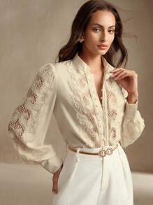 Anewsta French Elegant Lace Floral Patchwork Long Sleeve Modest Blouse, Spring For Women - Beige - View 5