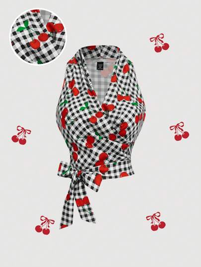 SHEIN MOD 大码女式黑白格子樱桃印花沙滩裹身上衣