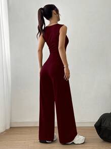 Flirla Sommer legerer einfarbiger Jumpsuit mit Rundhalsausschnitt und ärmellos