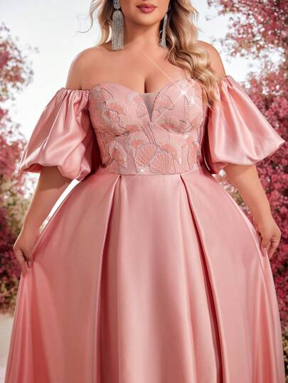 Glamrae 大码优雅浪漫泡泡袖亮片拼接 A 字长款晚礼服、派对礼服、婚礼宾客礼服、正式礼服、晚礼服