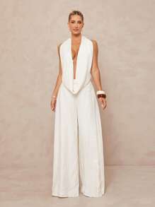 Lumalex 大码女式深V领露背连体裤，宽松阔腿 - 白色 - 查看 4